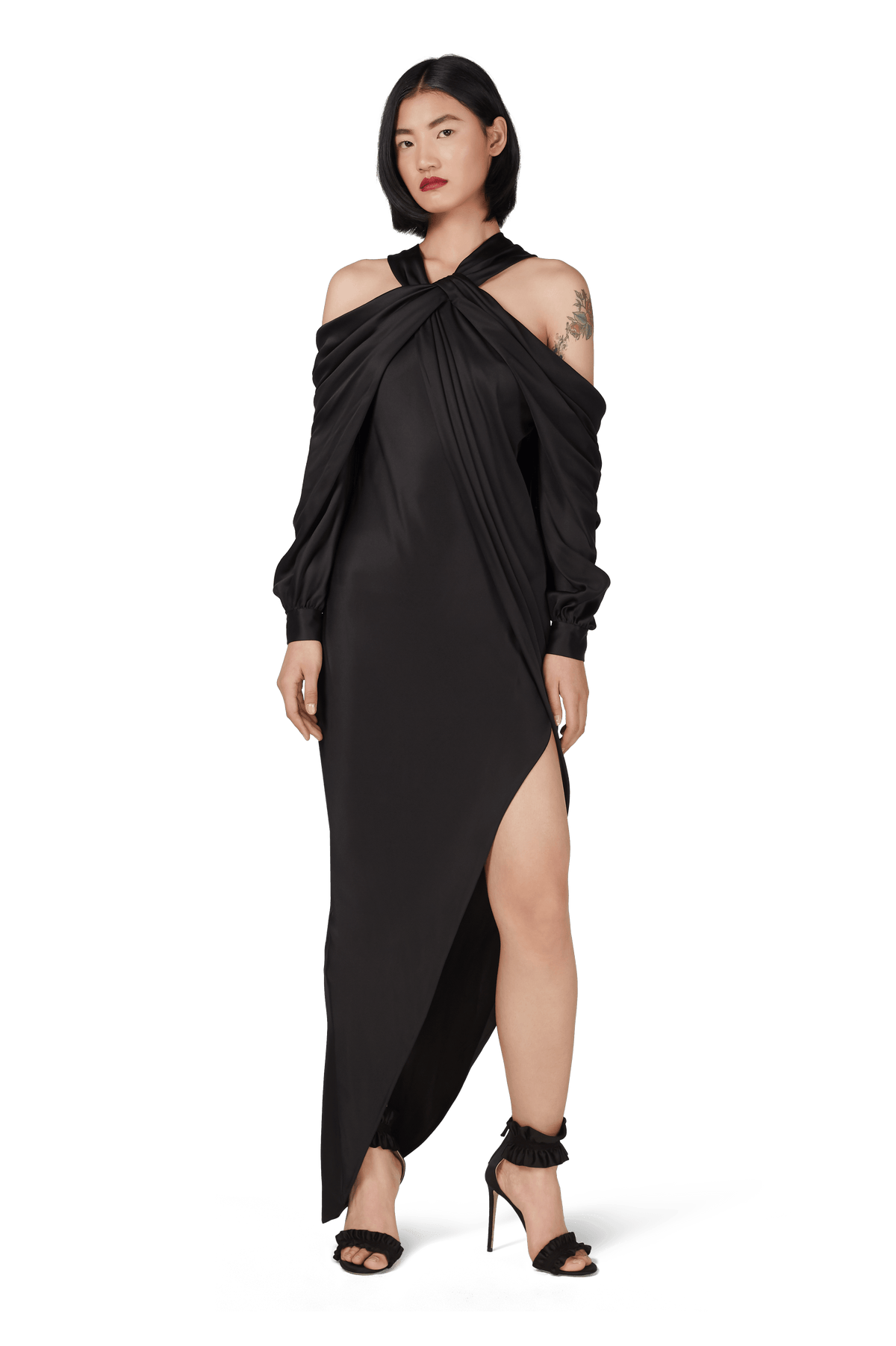 Black Double Silk Satin Off The Shoulder Draped Dress